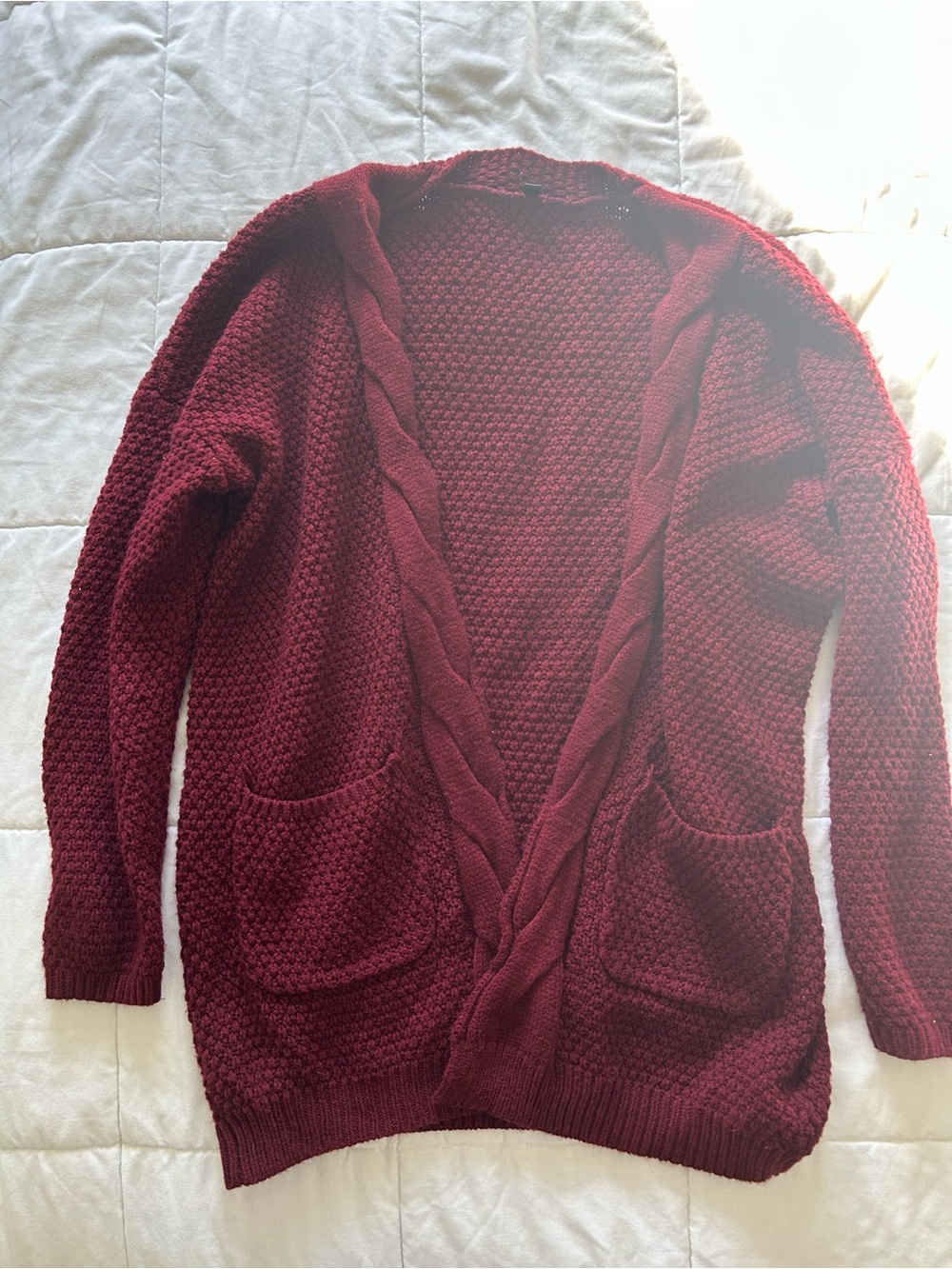 Cozy Open-Front Cable Trim Cardigan - Burgundy